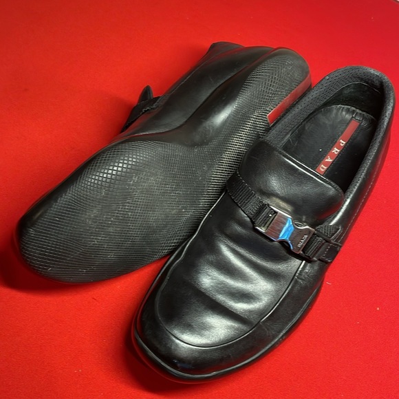 PRADA MENS’ BLACK LEATHER SLIP ON SHOES WITH BUCKLE (6.5) - Picture 5 of 13